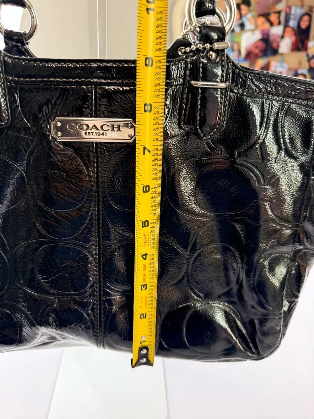 Coach Signature Patent Leather Shoulder Tote Black Silver Hardware F19463 Preppy